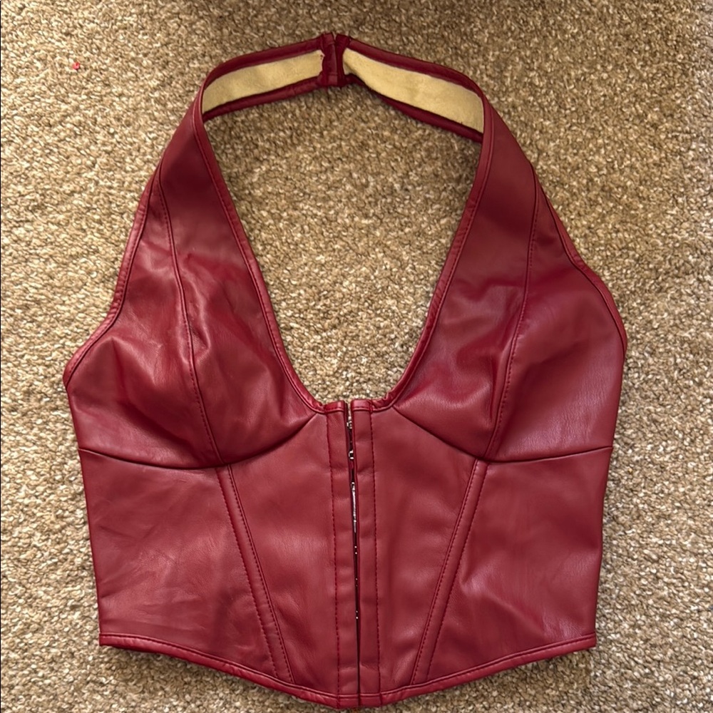 Red Halter Leather Crop Top